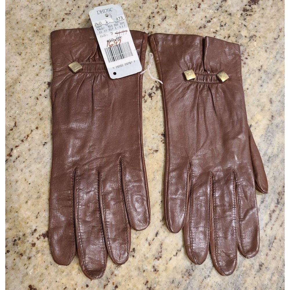 New! Vintage ARIS Sz M 7 Soft LEATHER GLOVES SILK Lined Brown Gold Metal Accent